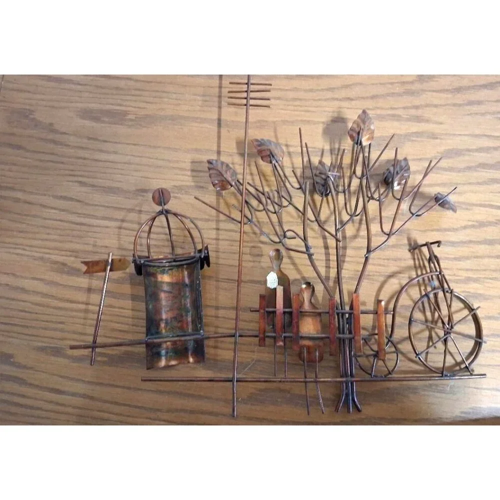 Vintage Emesco 1974 Copper Wall Art With Bicycle Tree & People Scene Made In Hon